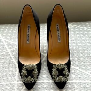 Black satin Manolo Blahnik Hangisi jewel pumps